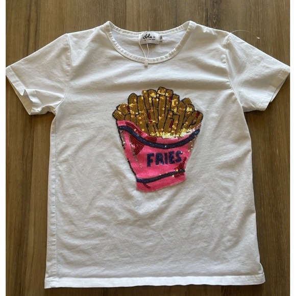 Lola And The Boys French Fries Sequin Crewneck White T-shirt Size 12 - Picture 2 of 8